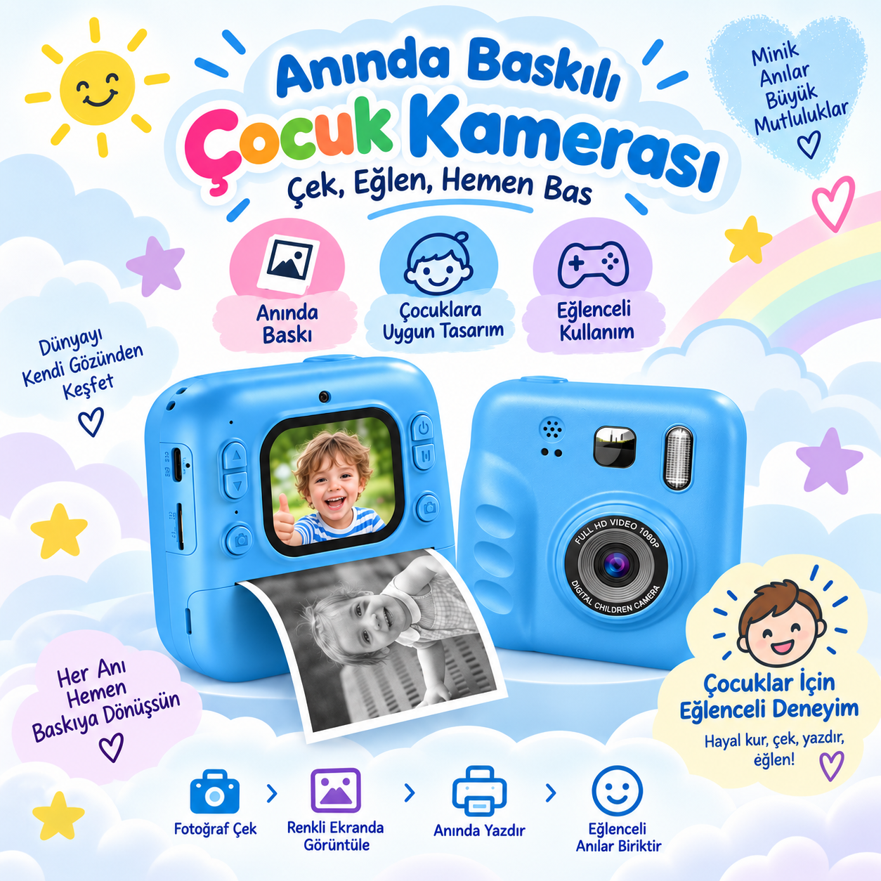 Anında Baskılı Renkli Ekranlı Çocuk Kamerası