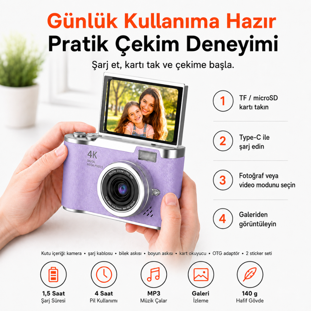 48 MP 4K Dijital Fotoğraf Makinesi, 2.4 İnç Döndürülebilir IPS Ekran, Type-C Şarj, 128 GB microSD Destekli Kamera