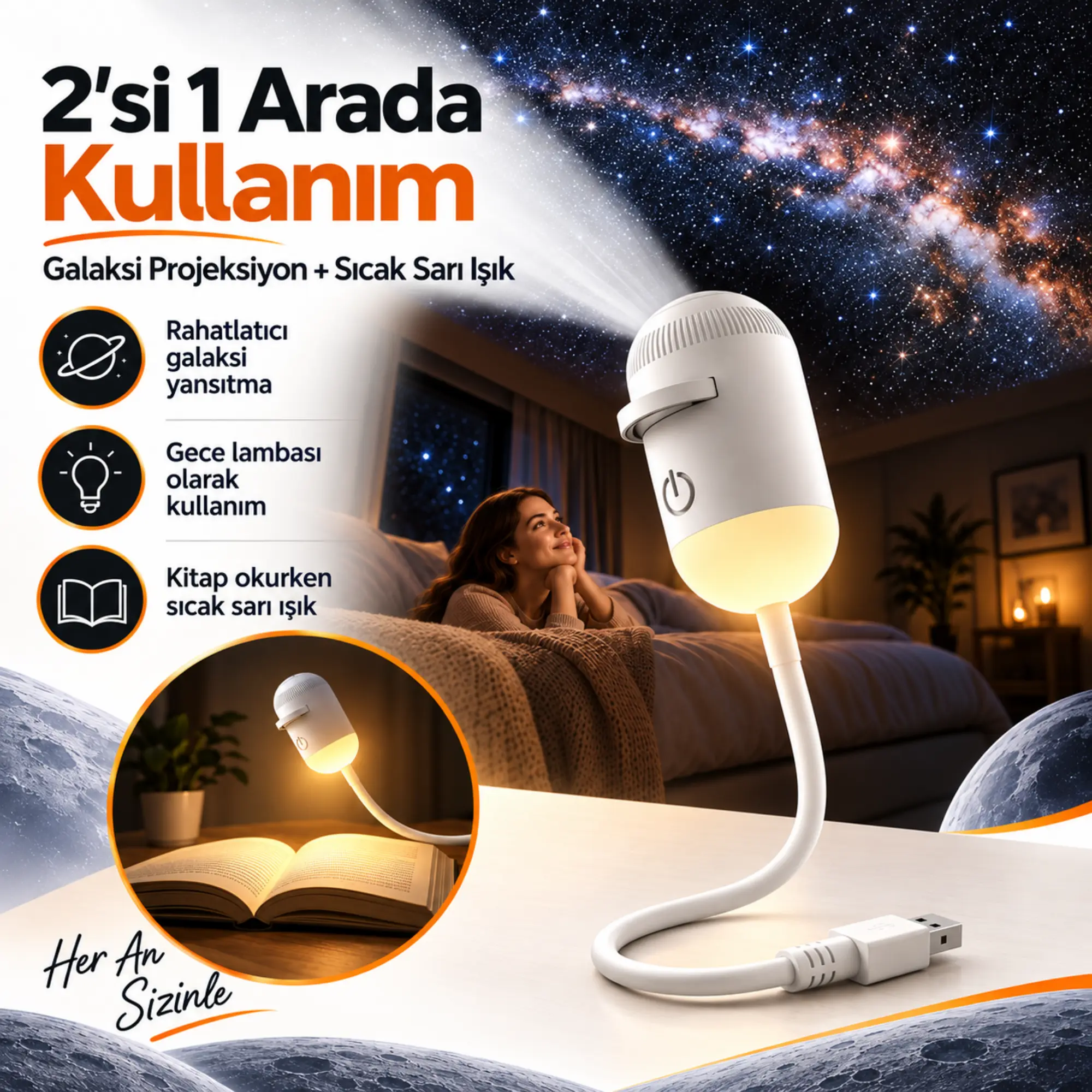 2’si 1 Arada 12 Film Diskli USB Galaksi Projeksiyon ve Sıcak Işıklı Gece Lambası