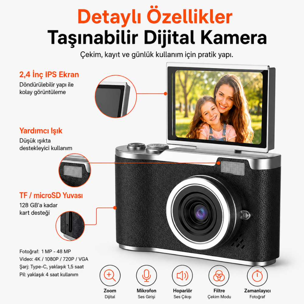 48 MP 4K Dijital Fotoğraf Makinesi, 2.4 İnç Döndürülebilir IPS Ekran, Type-C Şarj, 128 GB microSD Destekli Kamera