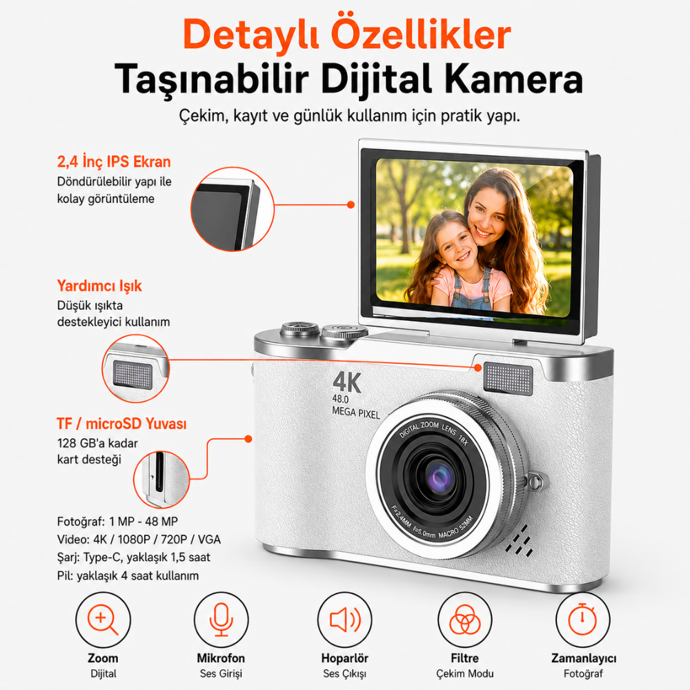 48 MP 4K Dijital Fotoğraf Makinesi, 2.4 İnç Döndürülebilir IPS Ekran, Type-C Şarj, 128 GB microSD Destekli Kamera
