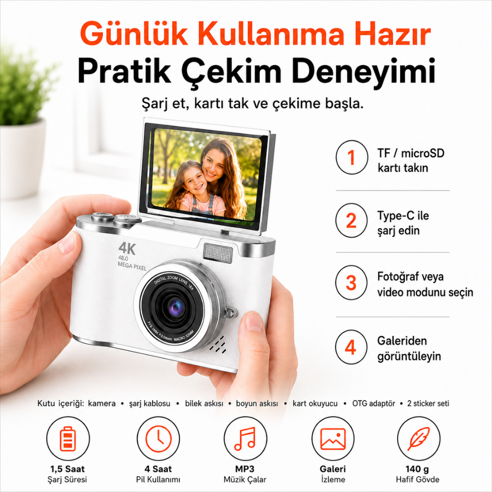 48 MP 4K Dijital Fotoğraf Makinesi, 2.4 İnç Döndürülebilir IPS Ekran, Type-C Şarj, 128 GB microSD Destekli Kamera