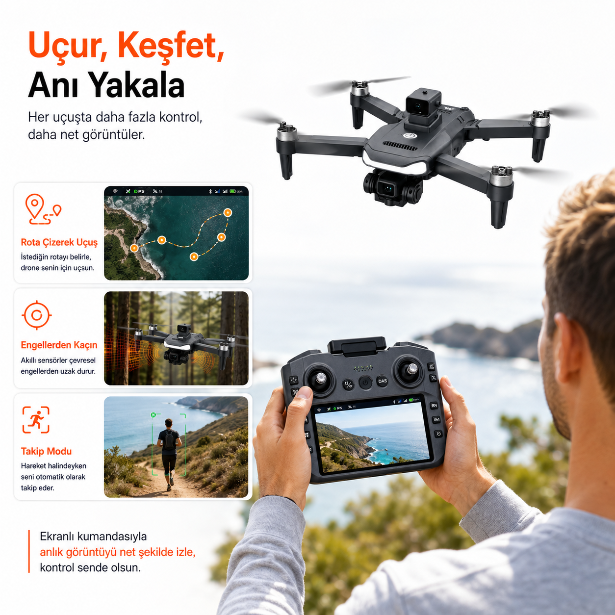 GPS Destekli Ekranlı Kumandalı Katlanabilir Drone