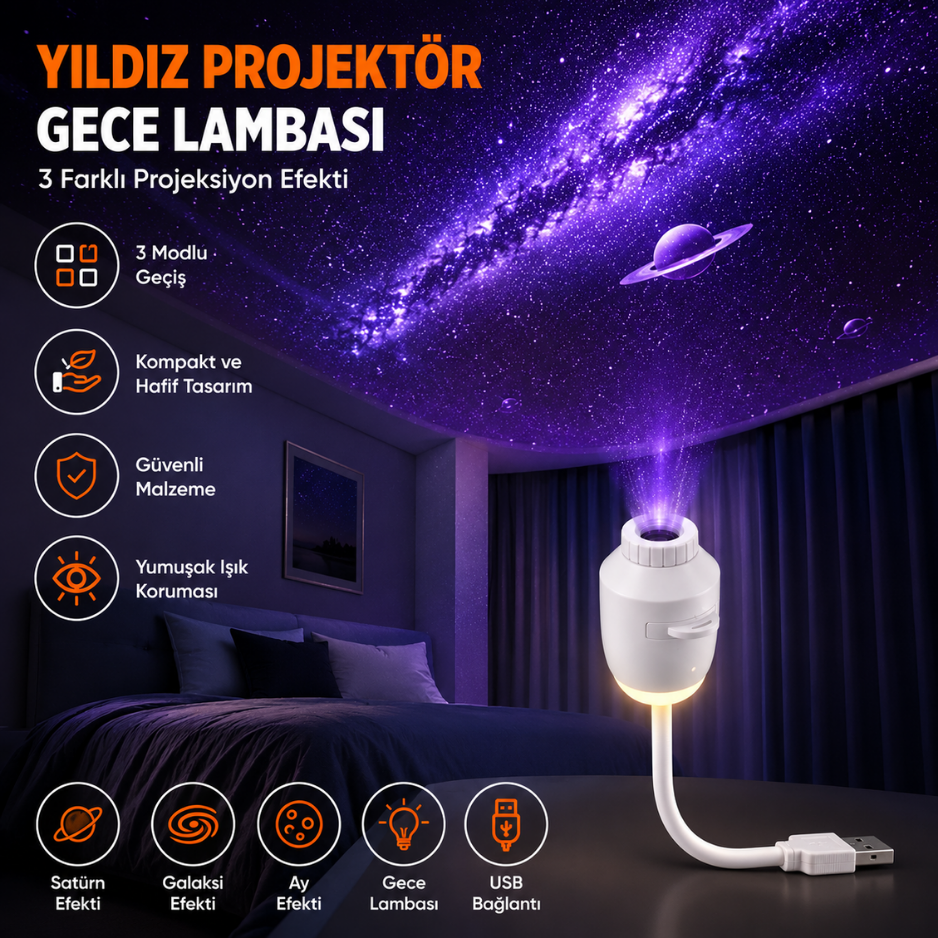USB Yıldız Projektör Gece Lambası 3 Efektli Satürn Galaksi Ay Projeksiyon