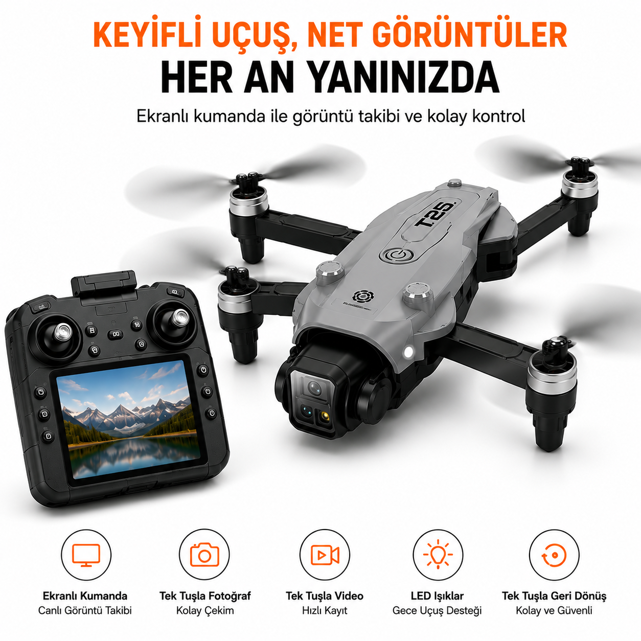 HD Kameralı Ekranlı Kumandalı Katlanabilir Drone