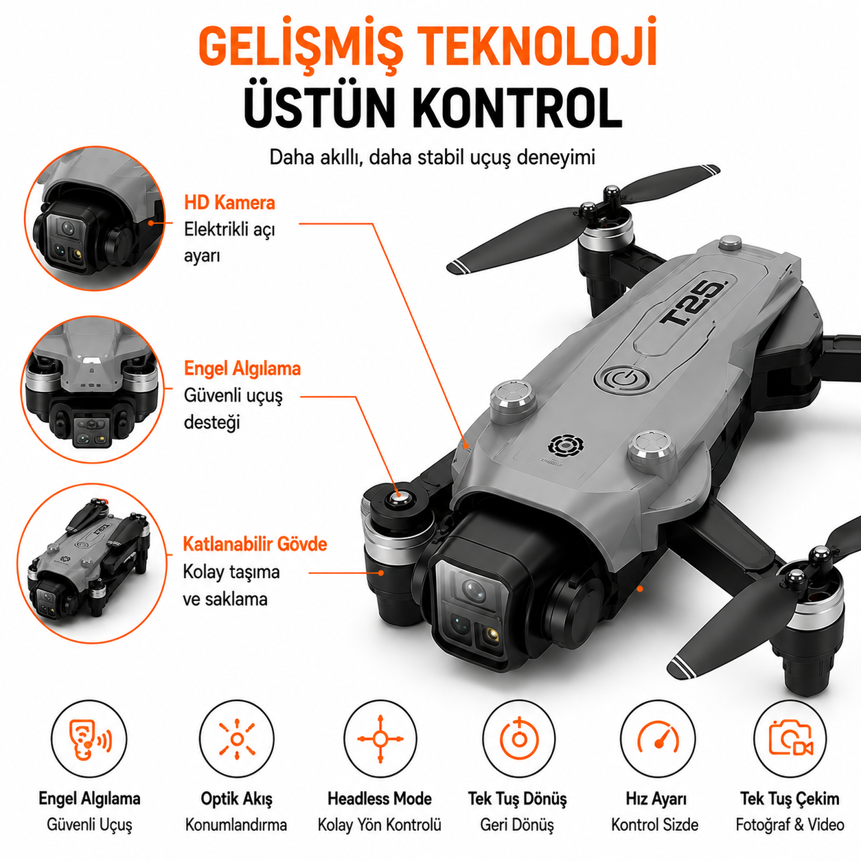 HD Kameralı Ekranlı Kumandalı Katlanabilir Drone