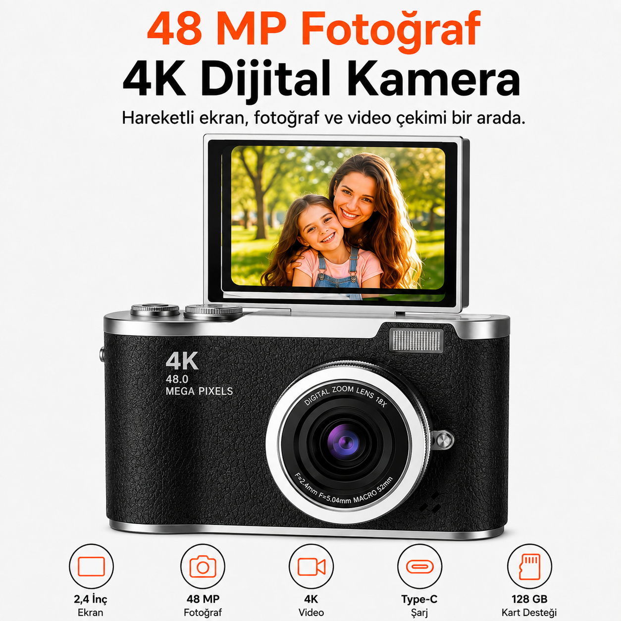 48 MP 4K Dijital Fotoğraf Makinesi, 2.4 İnç Döndürülebilir IPS Ekran, Type-C Şarj, 128 GB microSD Destekli Kamera