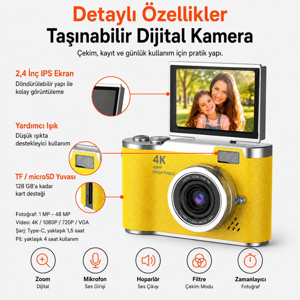 48 MP 4K Dijital Fotoğraf Makinesi, 2.4 İnç Döndürülebilir IPS Ekran, Type-C Şarj, 128 GB microSD Destekli Kamera
