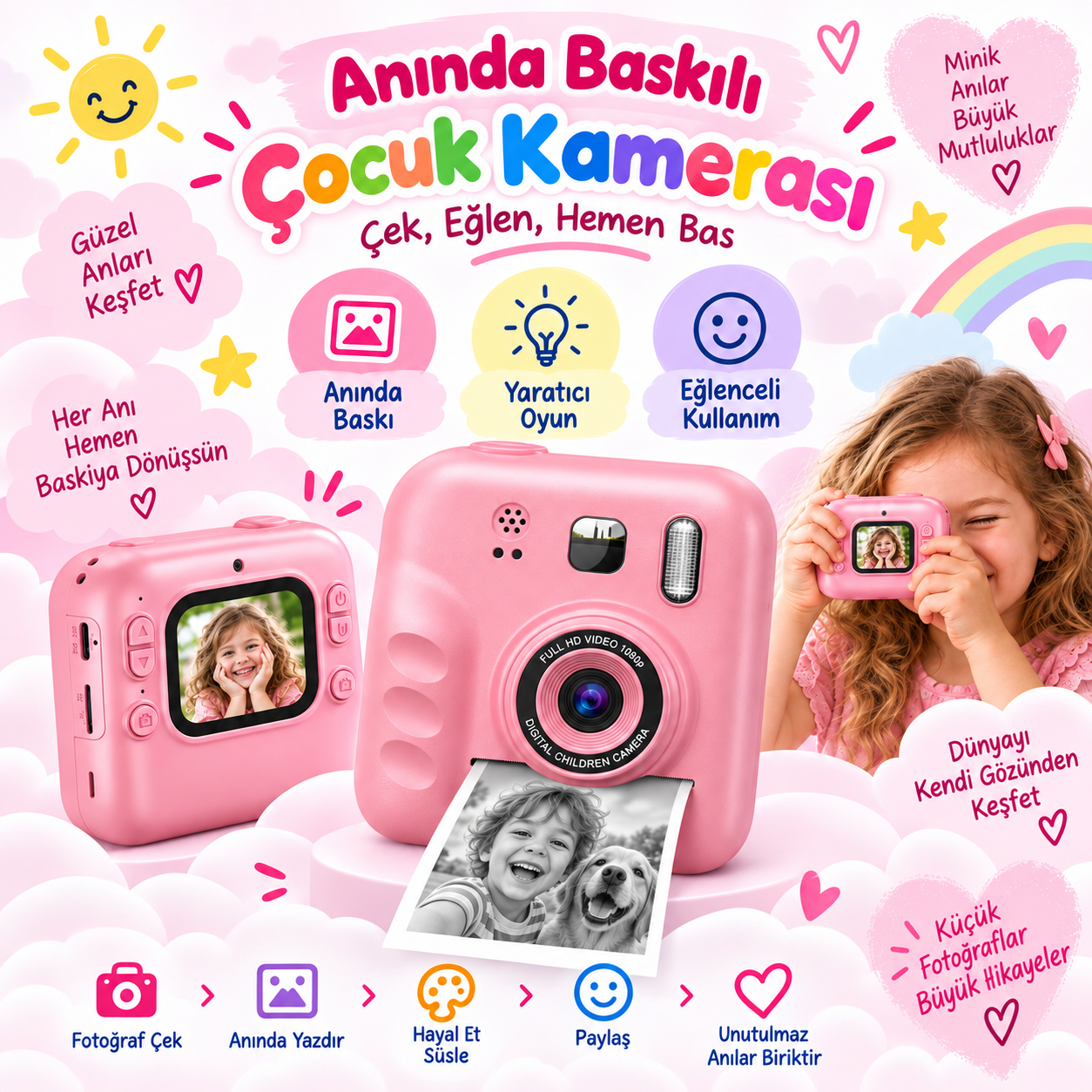 Anında Baskılı Renkli Ekranlı Çocuk Kamerası
