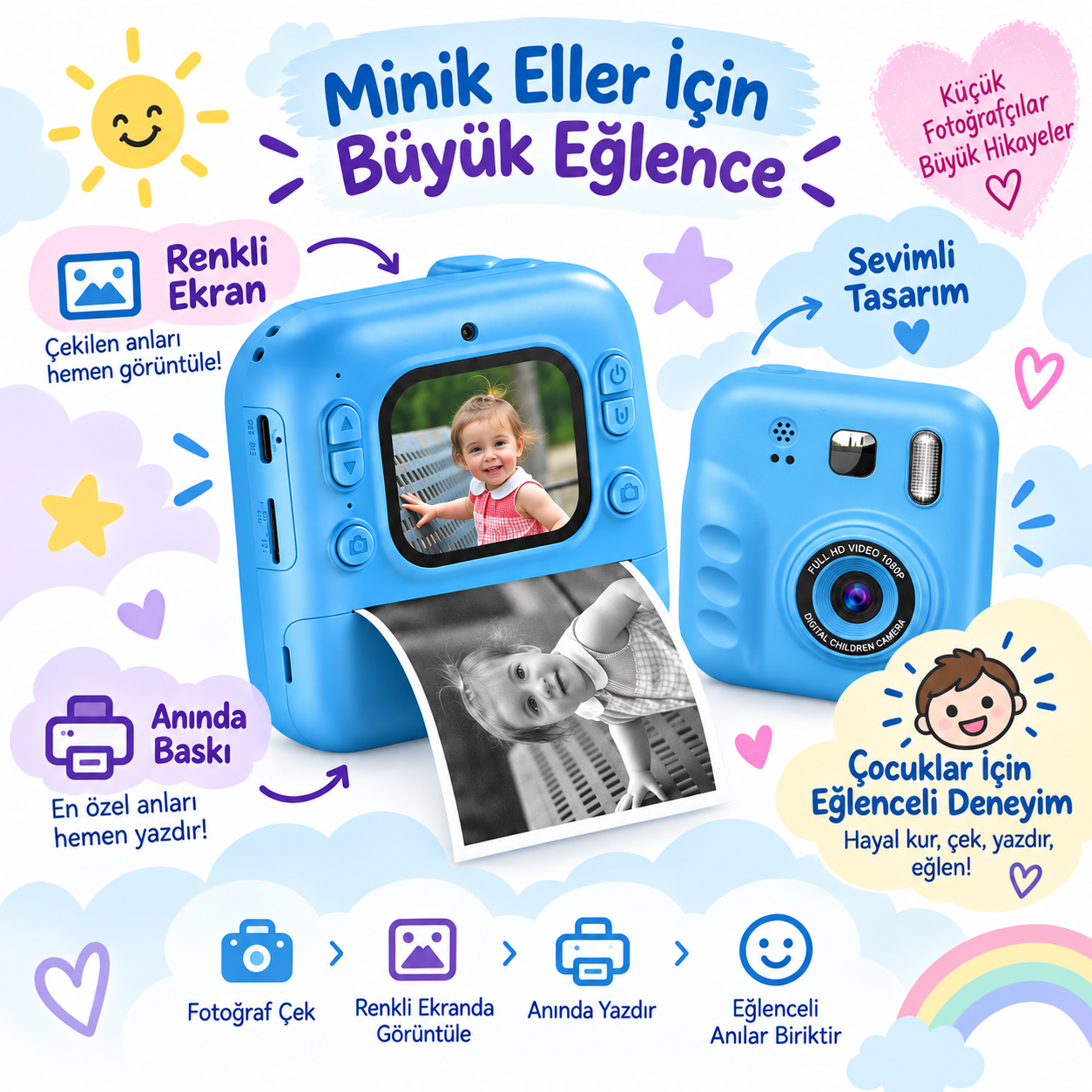 Anında Baskılı Renkli Ekranlı Çocuk Kamerası