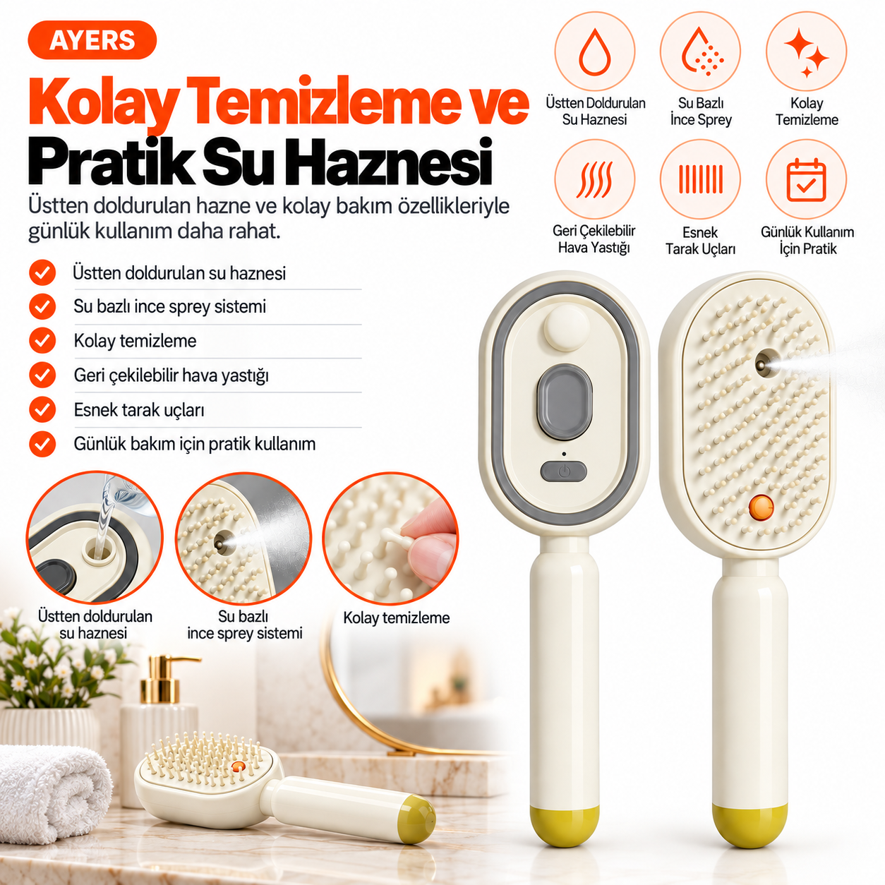 Su Hazneli Elektrostatik İnce Sprey Saç Tarağı