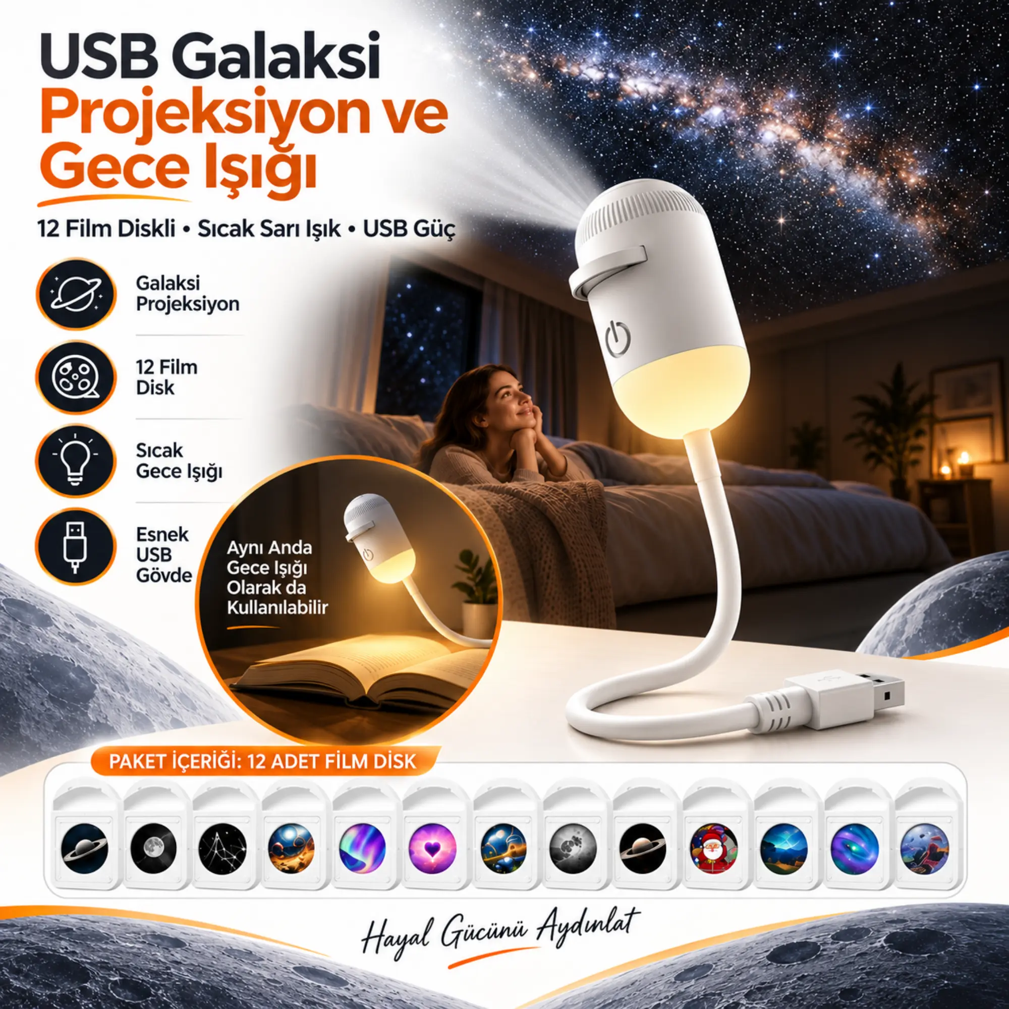 2’si 1 Arada 12 Film Diskli USB Galaksi Projeksiyon ve Sıcak Işıklı Gece Lambası