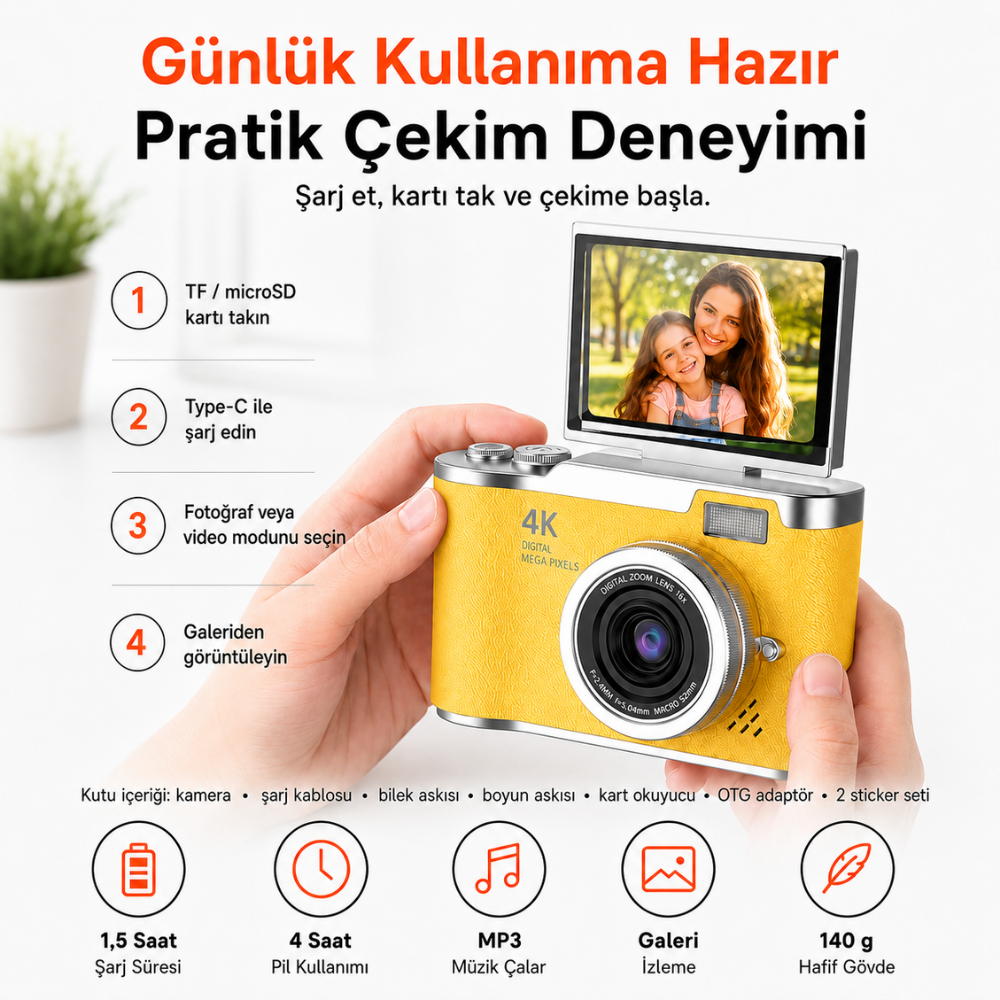 48 MP 4K Dijital Fotoğraf Makinesi, 2.4 İnç Döndürülebilir IPS Ekran, Type-C Şarj, 128 GB microSD Destekli Kamera
