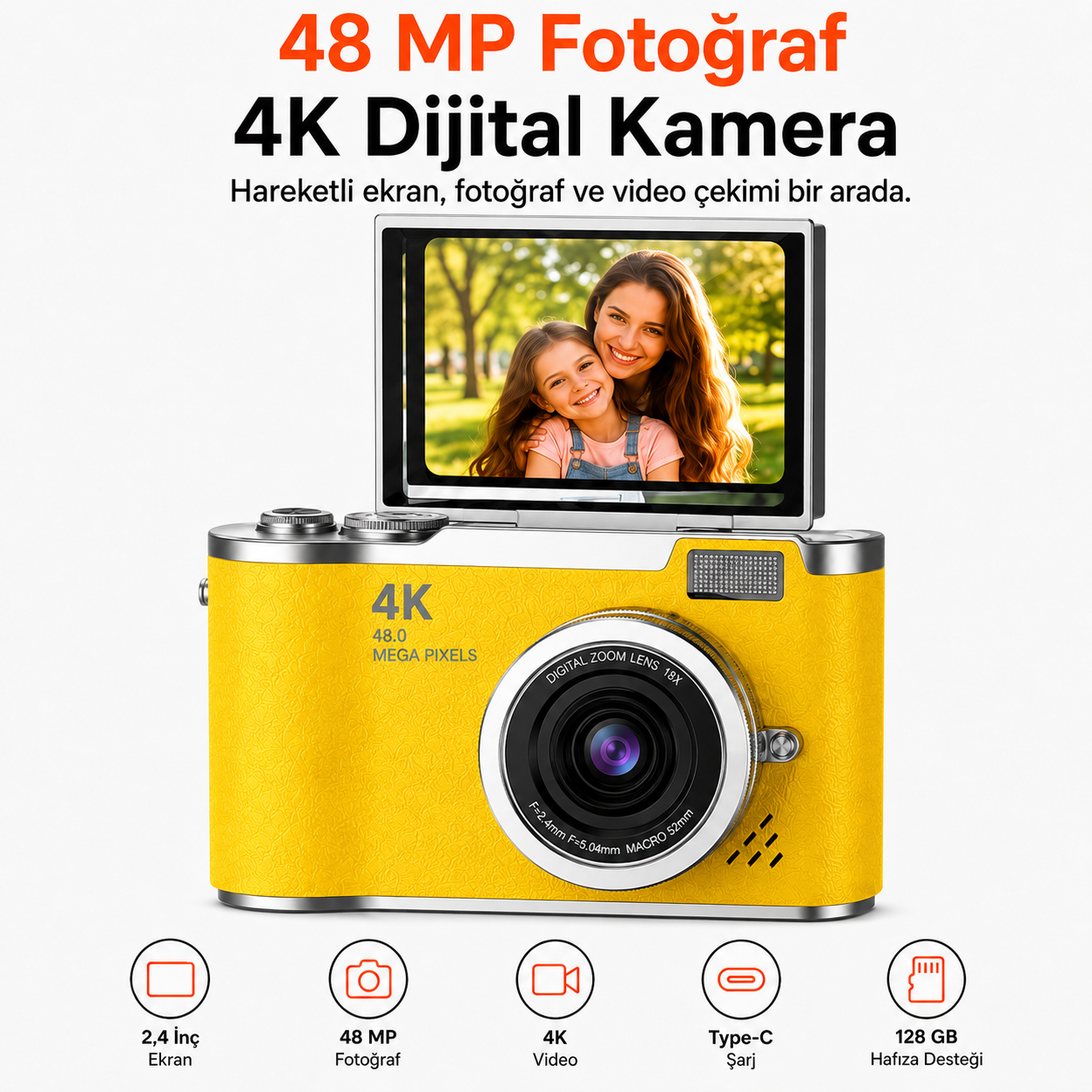 48 MP 4K Dijital Fotoğraf Makinesi, 2.4 İnç Döndürülebilir IPS Ekran, Type-C Şarj, 128 GB microSD Destekli Kamera
