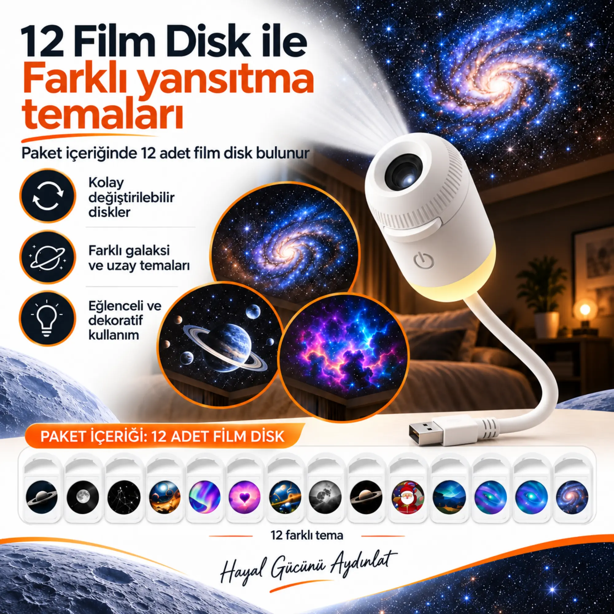 2’si 1 Arada 12 Film Diskli USB Galaksi Projeksiyon ve Sıcak Işıklı Gece Lambası