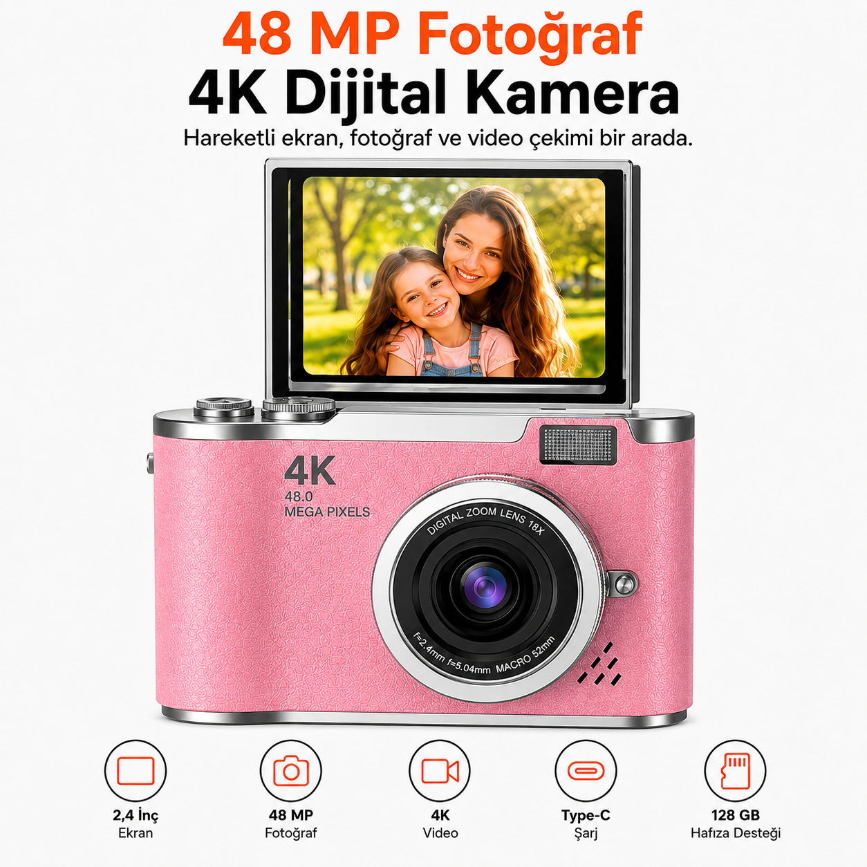 48 MP 4K Dijital Fotoğraf Makinesi, 2.4 İnç Döndürülebilir IPS Ekran, Type-C Şarj, 128 GB microSD Destekli Kamera
