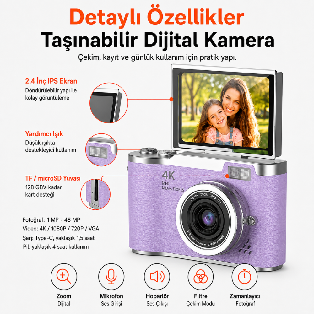 48 MP 4K Dijital Fotoğraf Makinesi, 2.4 İnç Döndürülebilir IPS Ekran, Type-C Şarj, 128 GB microSD Destekli Kamera