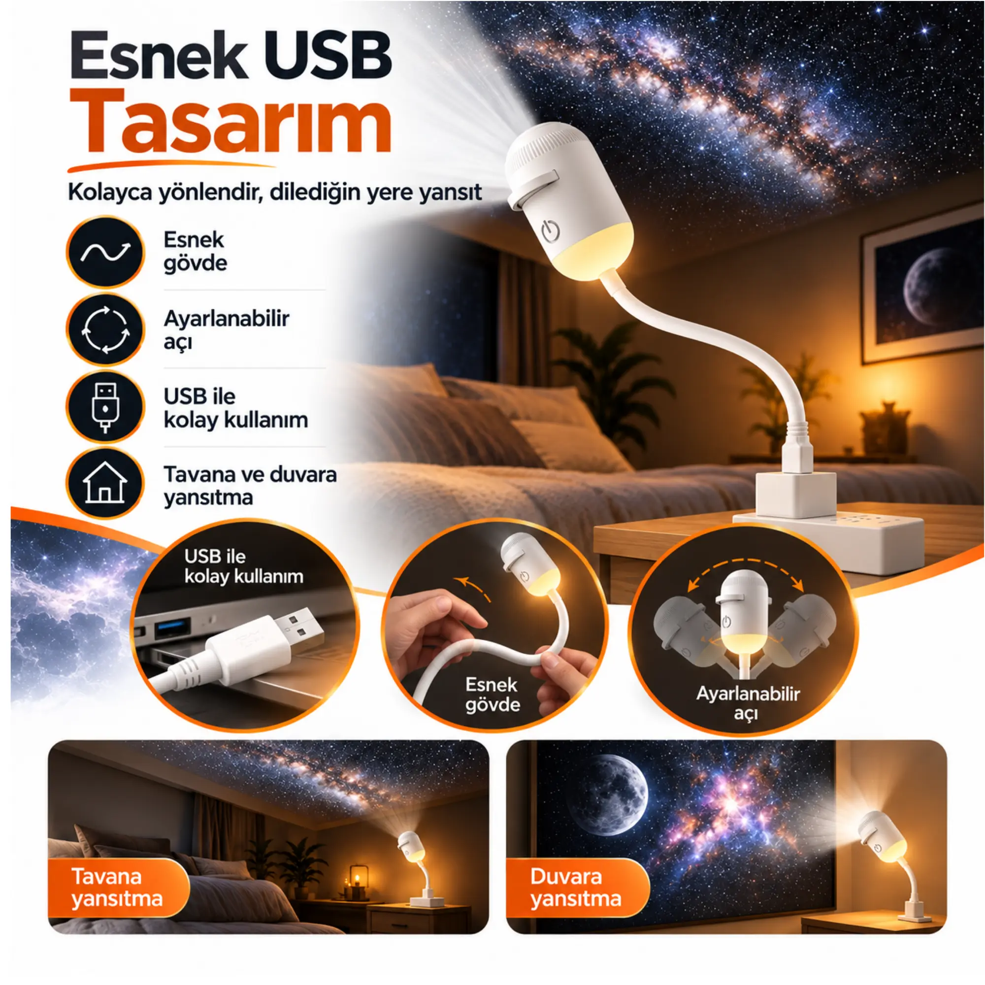 2’si 1 Arada 12 Film Diskli USB Galaksi Projeksiyon ve Sıcak Işıklı Gece Lambası