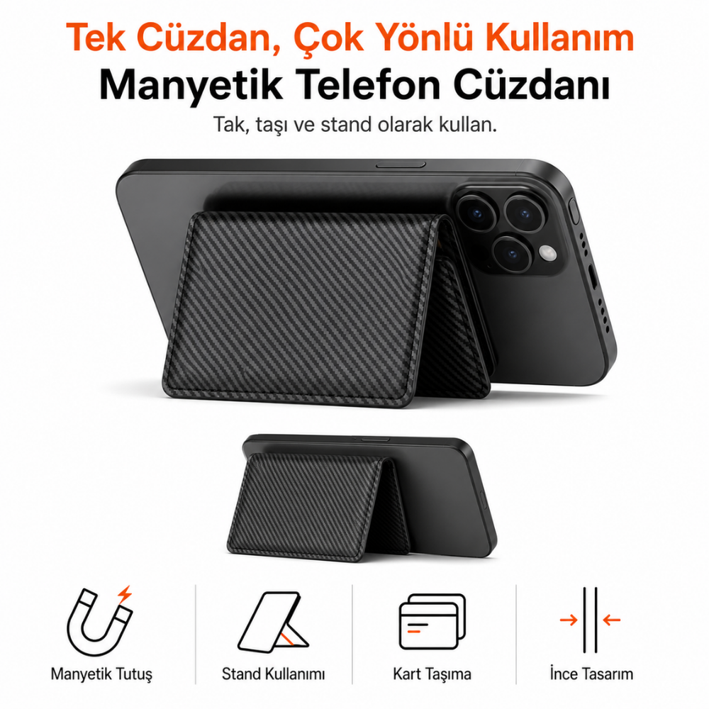 2 Katlı Magsafe Karbon Telefon Cüzdanı ve Standı E05