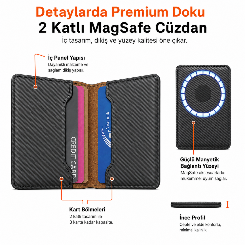 2 Katlı Magsafe Karbon Telefon Cüzdanı ve Standı E05