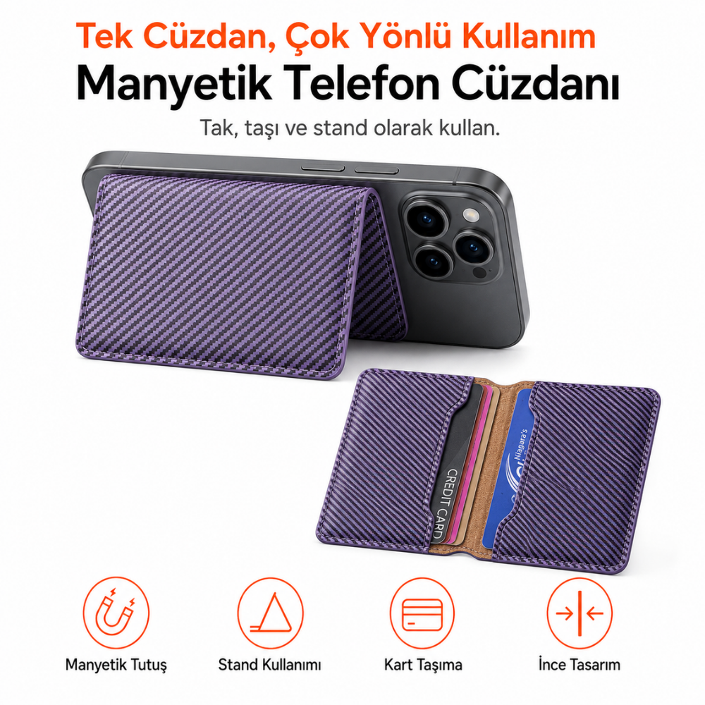 2 Katlı Magsafe Karbon Telefon Cüzdanı ve Standı E05