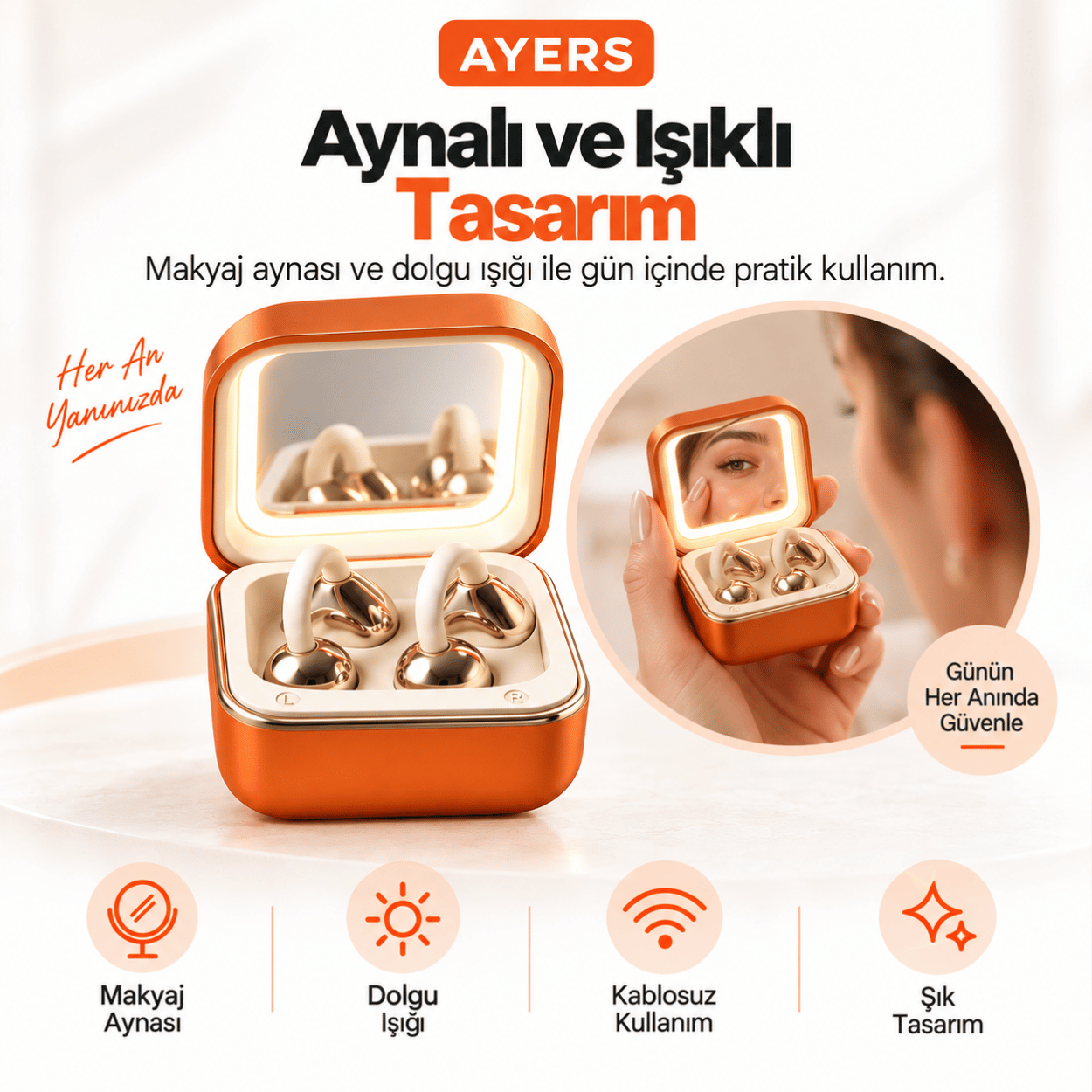 Kulak Kancalı Kablosuz Kulaklık ve Aynalı Şarj Kutusu