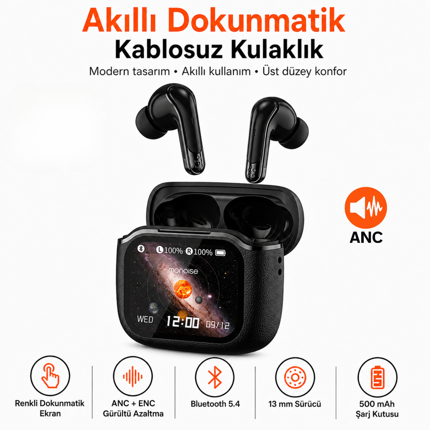 Dokunmatik Ekranlı ANC + ENC Kablosuz Kulaklık P-S6