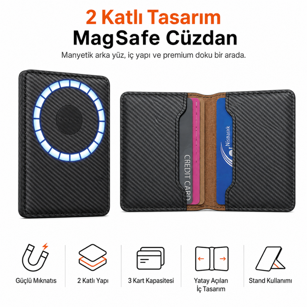 2 Katlı Magsafe Karbon Telefon Cüzdanı ve Standı E05