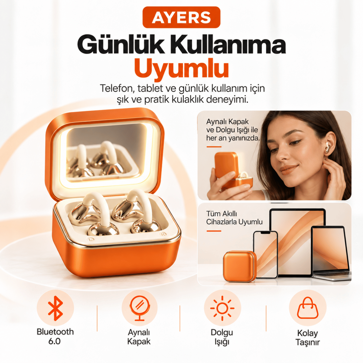 Kulak Kancalı Kablosuz Kulaklık ve Aynalı Şarj Kutusu