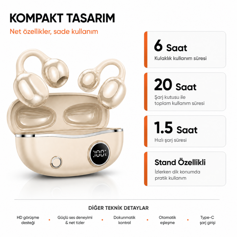 Bluetooth 5.4 Kulak Kancalı Kablosuz Stereo Kulaklık