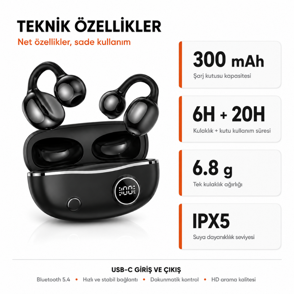 Bluetooth 5.4 Kulak Kancalı Kablosuz Stereo Kulaklık