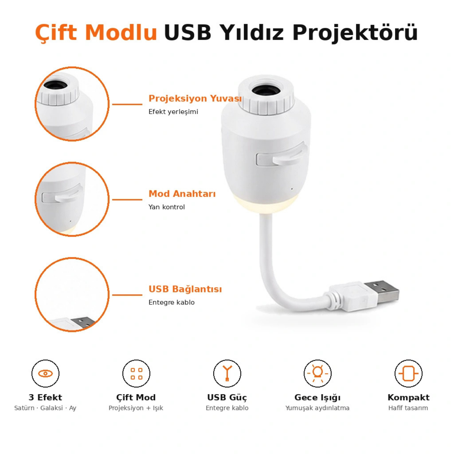 USB Yıldız Projektör Gece Lambası 3 Efektli Satürn Galaksi Ay Projeksiyon