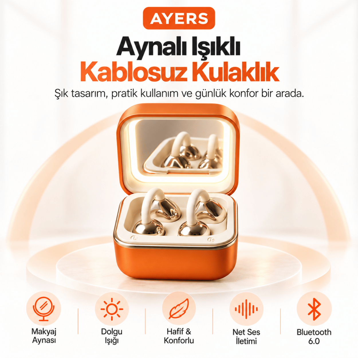 Kulak Kancalı Kablosuz Kulaklık ve Aynalı Şarj Kutusu