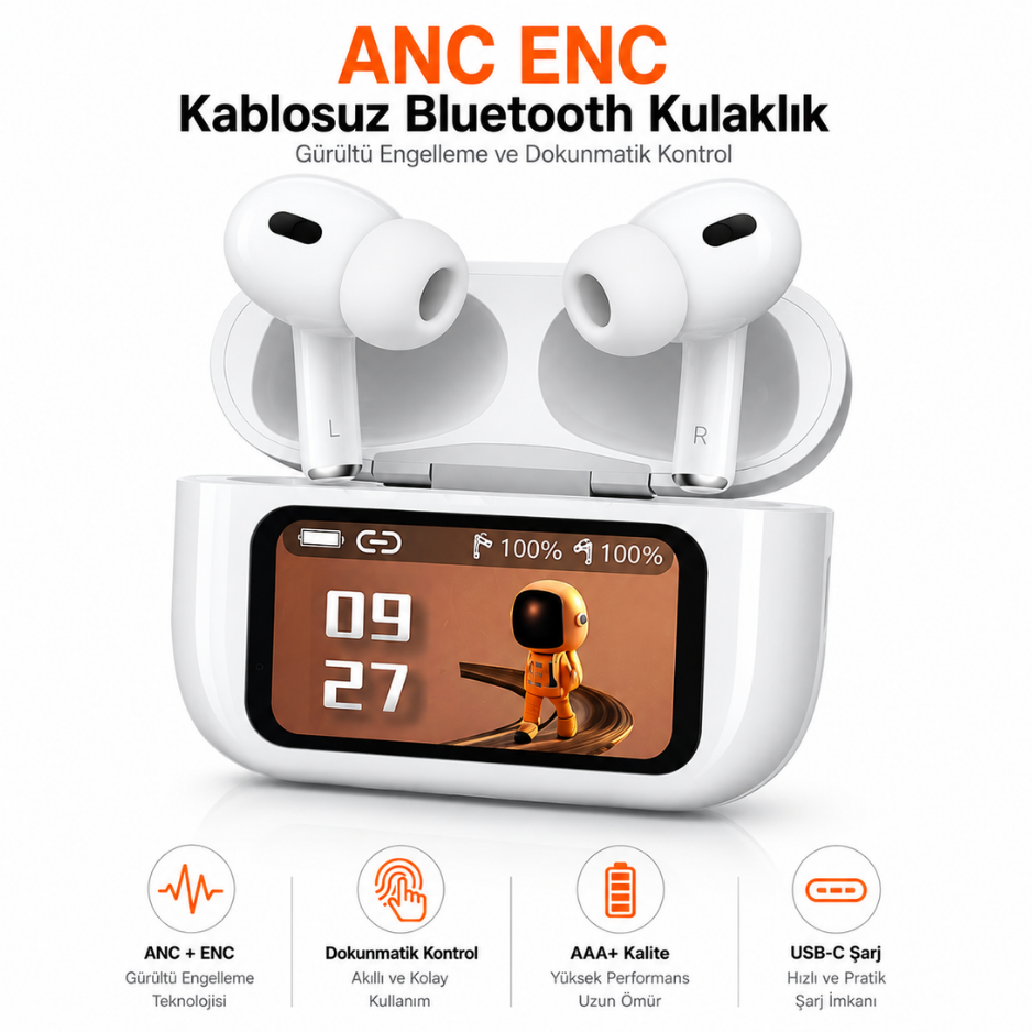 ANC/ENC Dokunmatik Kontrollü TYPE-C Şarj Kutulu Kulaklık