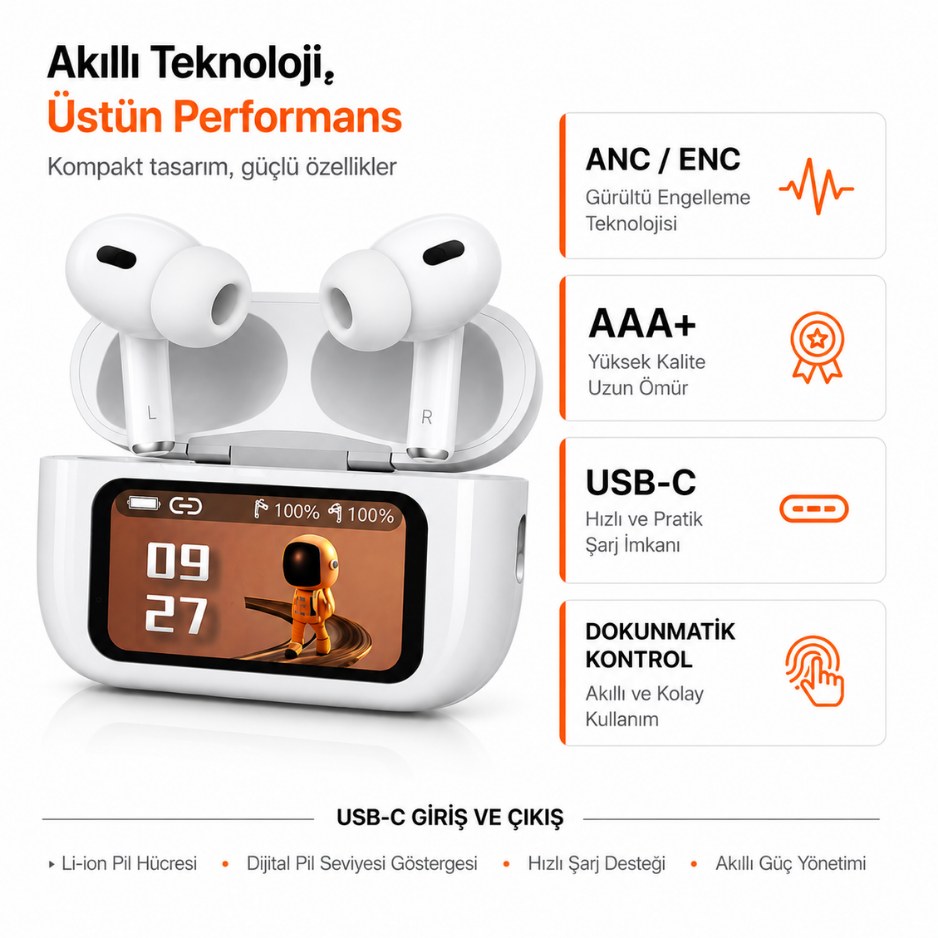 ANC/ENC Dokunmatik Kontrollü TYPE-C Şarj Kutulu Kulaklık