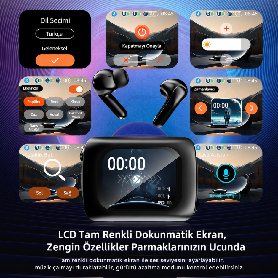 LCD Dokunmatik Ekranlı ANC/ENC Çift Kulaklık Seti