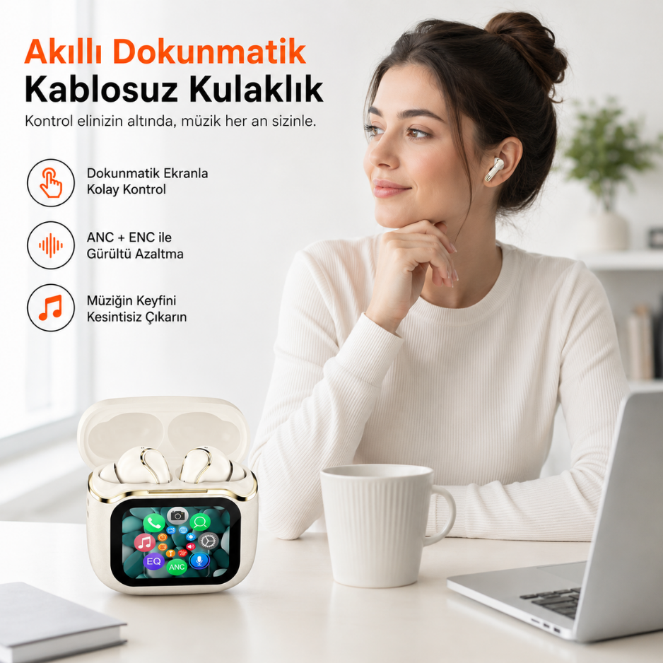 Dokunmatik Ekranlı ANC + ENC Kablosuz Kulaklık P-S6