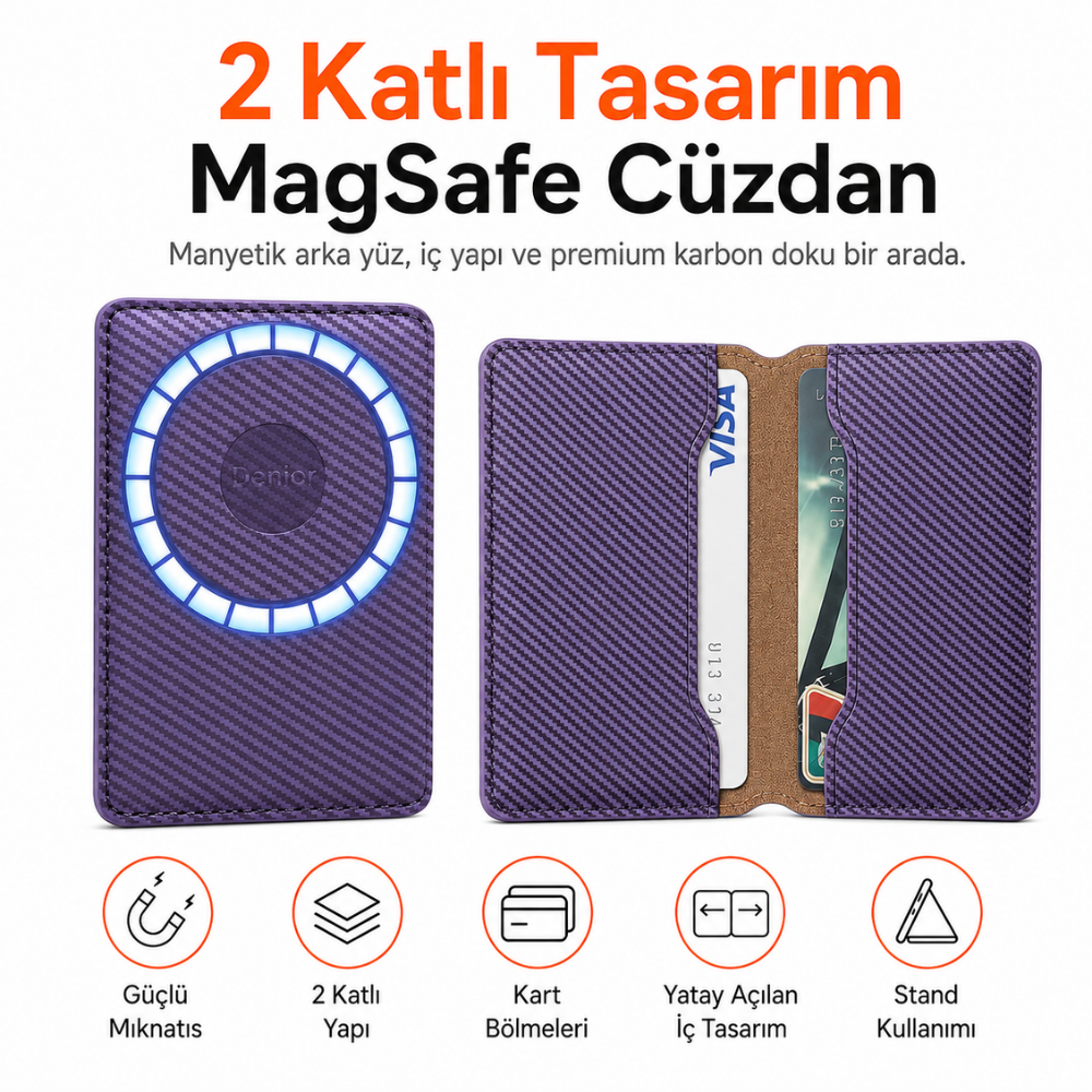 2 Katlı Magsafe Karbon Telefon Cüzdanı ve Standı E05