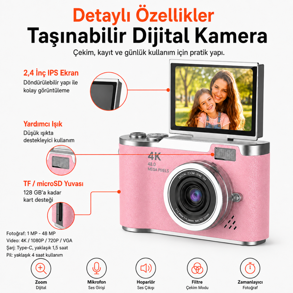 48 MP 4K Dijital Fotoğraf Makinesi, 2.4 İnç Döndürülebilir IPS Ekran, Type-C Şarj, 128 GB microSD Destekli Kamera