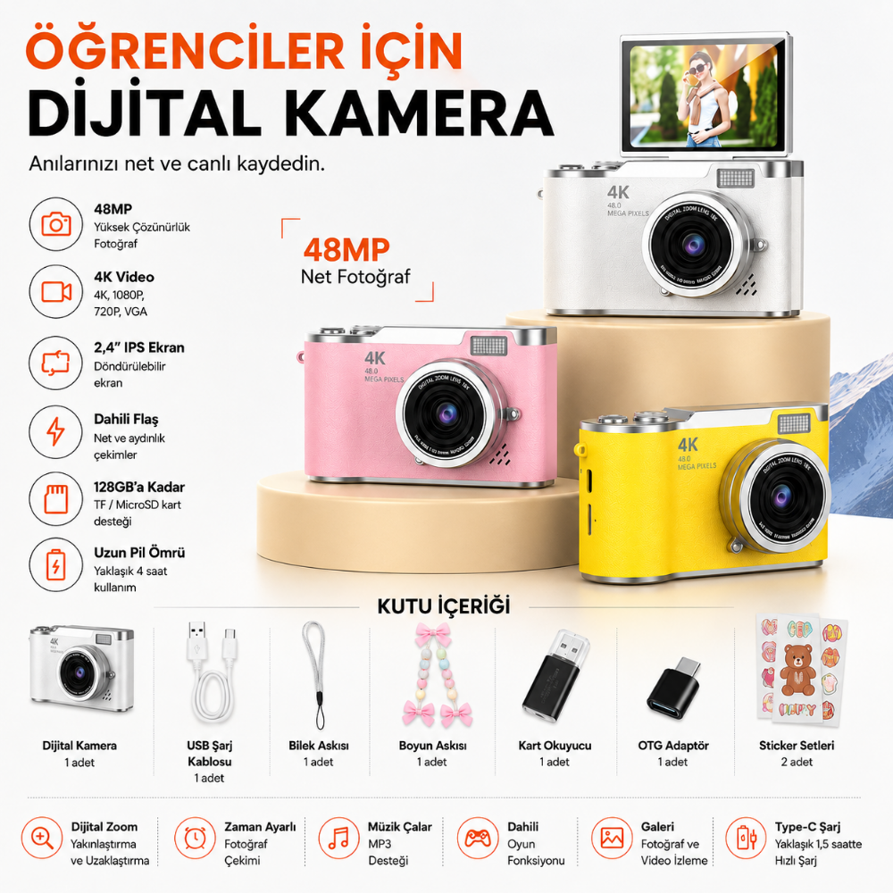 48 MP 4K Dijital Fotoğraf Makinesi, 2.4 İnç Döndürülebilir IPS Ekran, Type-C Şarj, 128 GB microSD Destekli Kamera
