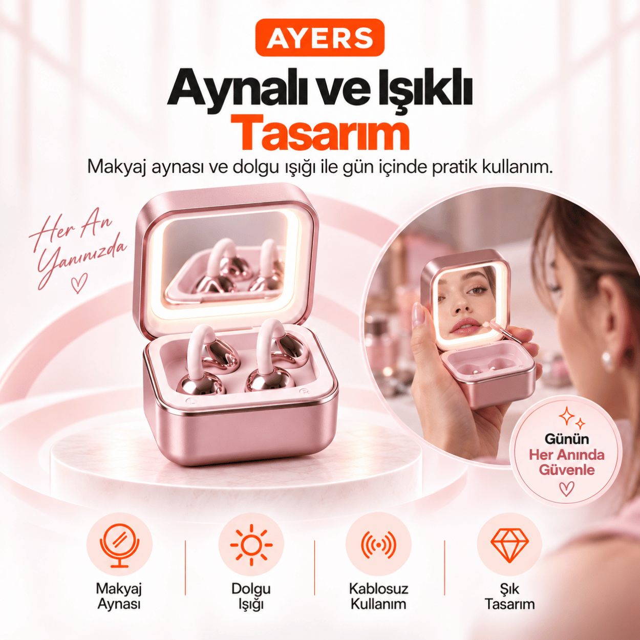 Kulak Kancalı Kablosuz Kulaklık ve Aynalı Şarj Kutusu