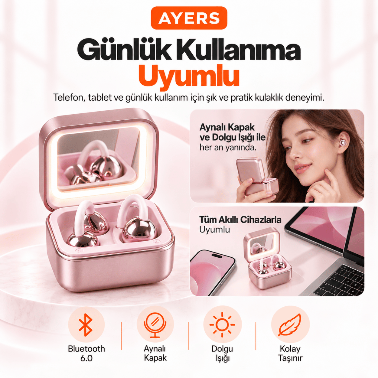 Kulak Kancalı Kablosuz Kulaklık ve Aynalı Şarj Kutusu