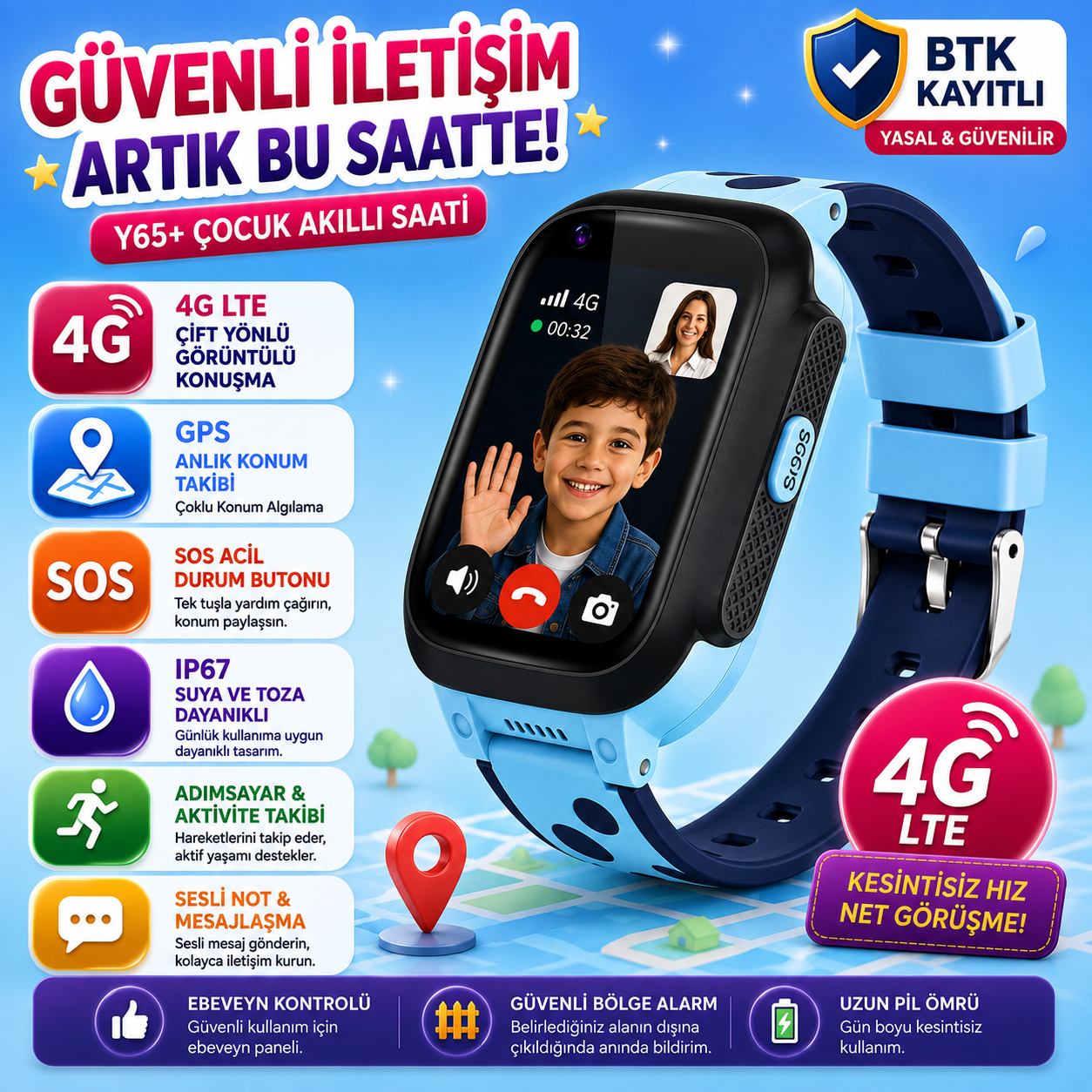 4G LTE GPS Takipli Görüntülü Konuşmalı Çocuk Akıllı Saati Y95