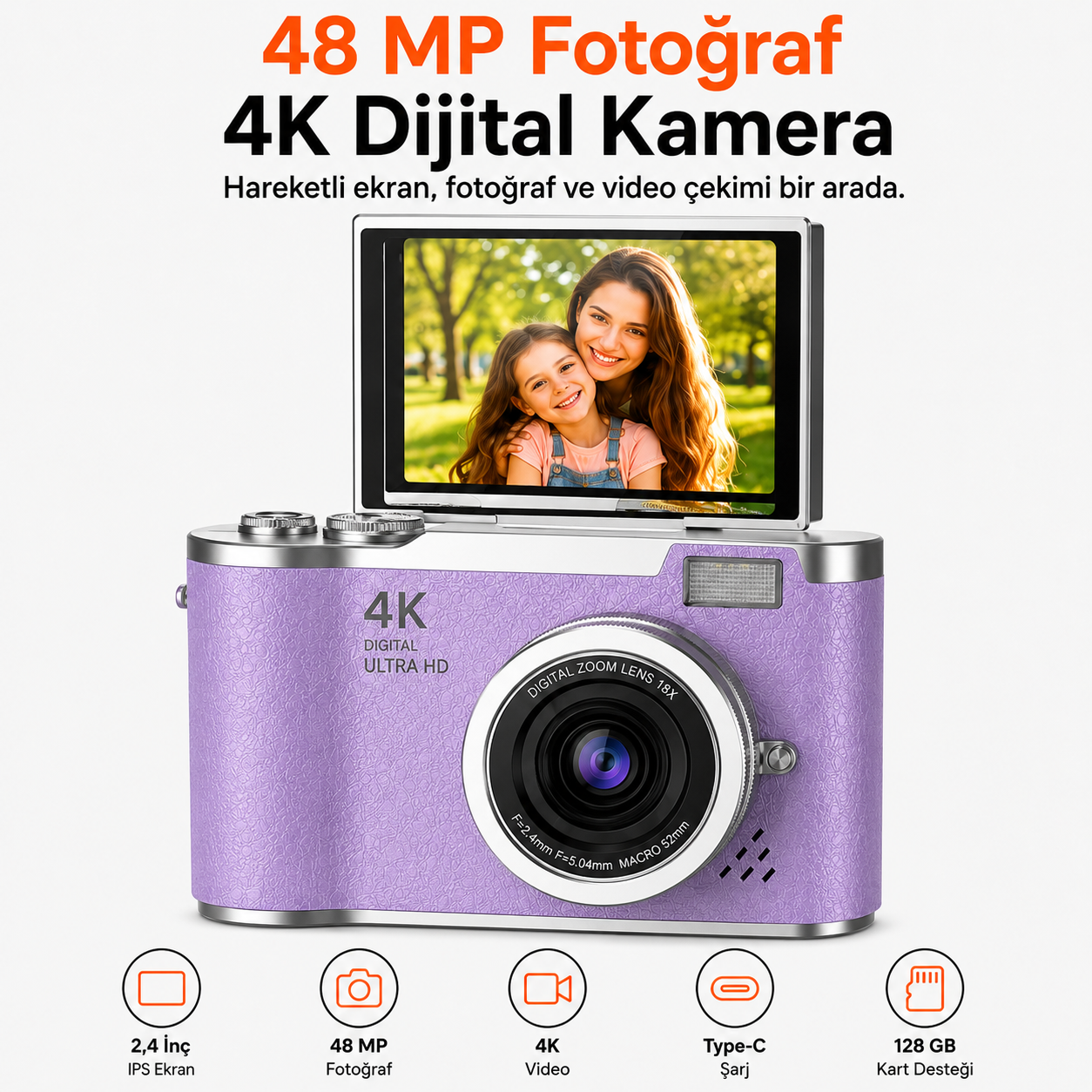 48 MP 4K Dijital Fotoğraf Makinesi, 2.4 İnç Döndürülebilir IPS Ekran, Type-C Şarj, 128 GB microSD Destekli Kamera