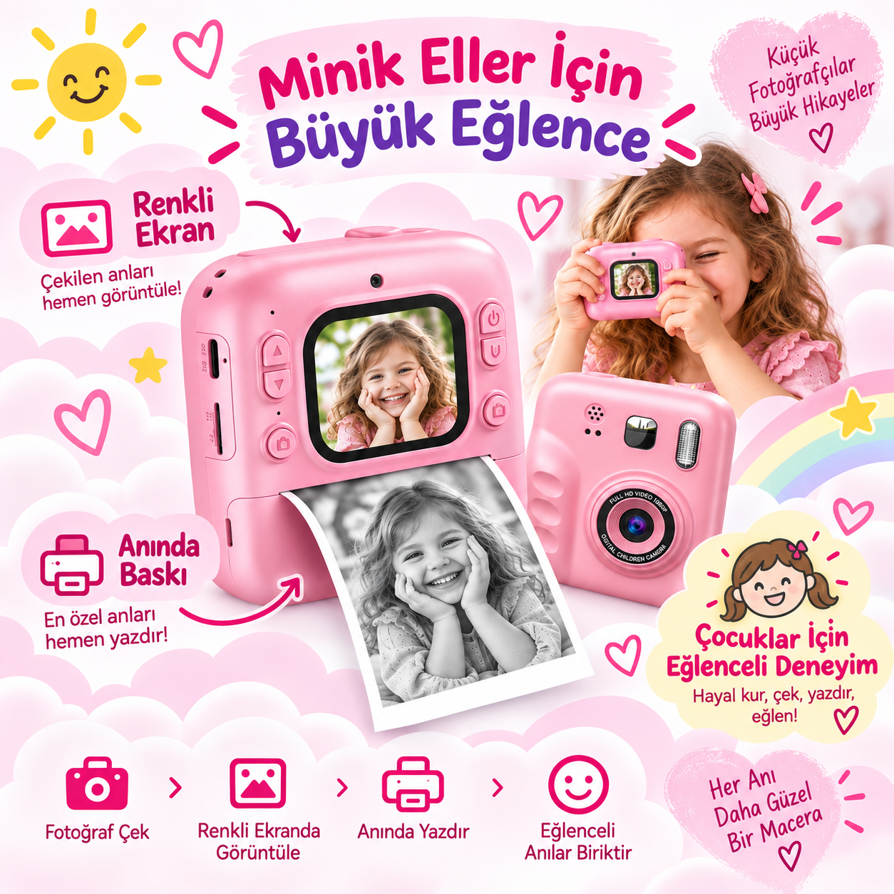 Anında Baskılı Renkli Ekranlı Çocuk Kamerası