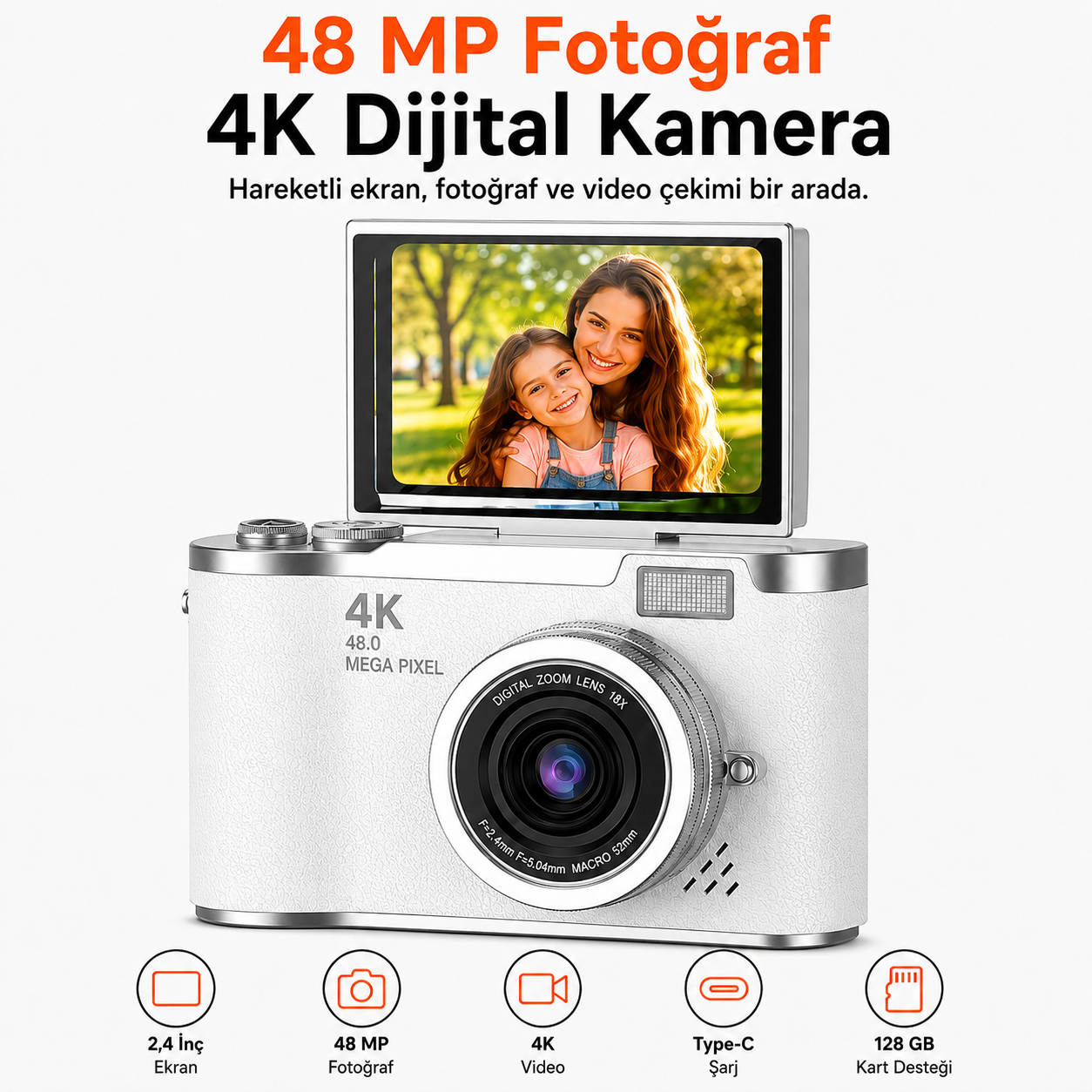 48 MP 4K Dijital Fotoğraf Makinesi, 2.4 İnç Döndürülebilir IPS Ekran, Type-C Şarj, 128 GB microSD Destekli Kamera