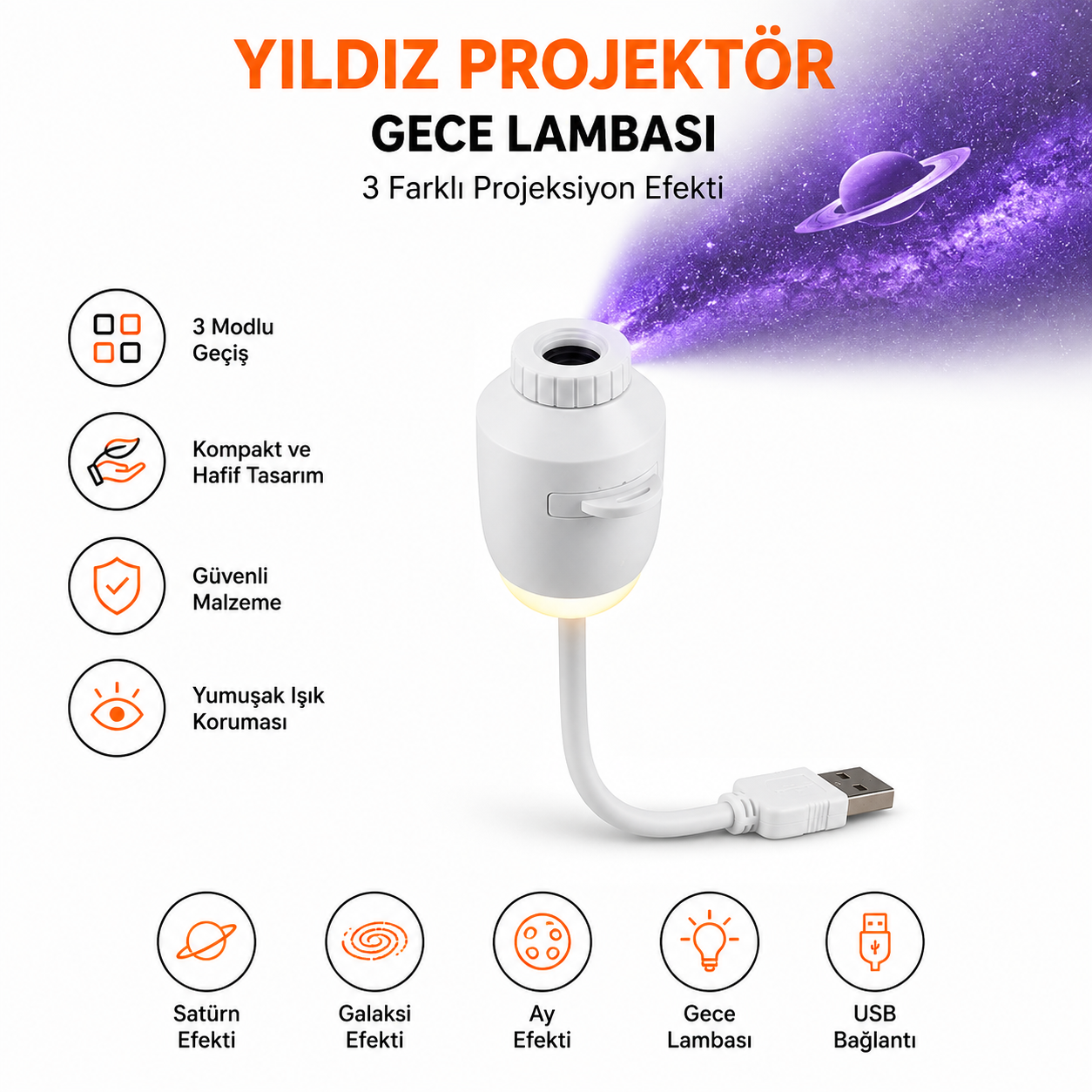 USB Yıldız Projektör Gece Lambası 3 Efektli Satürn Galaksi Ay Projeksiyon