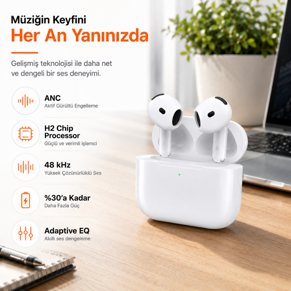 ANC ve H2 İşlemcili Airpods Kablosuz Kulaklık 