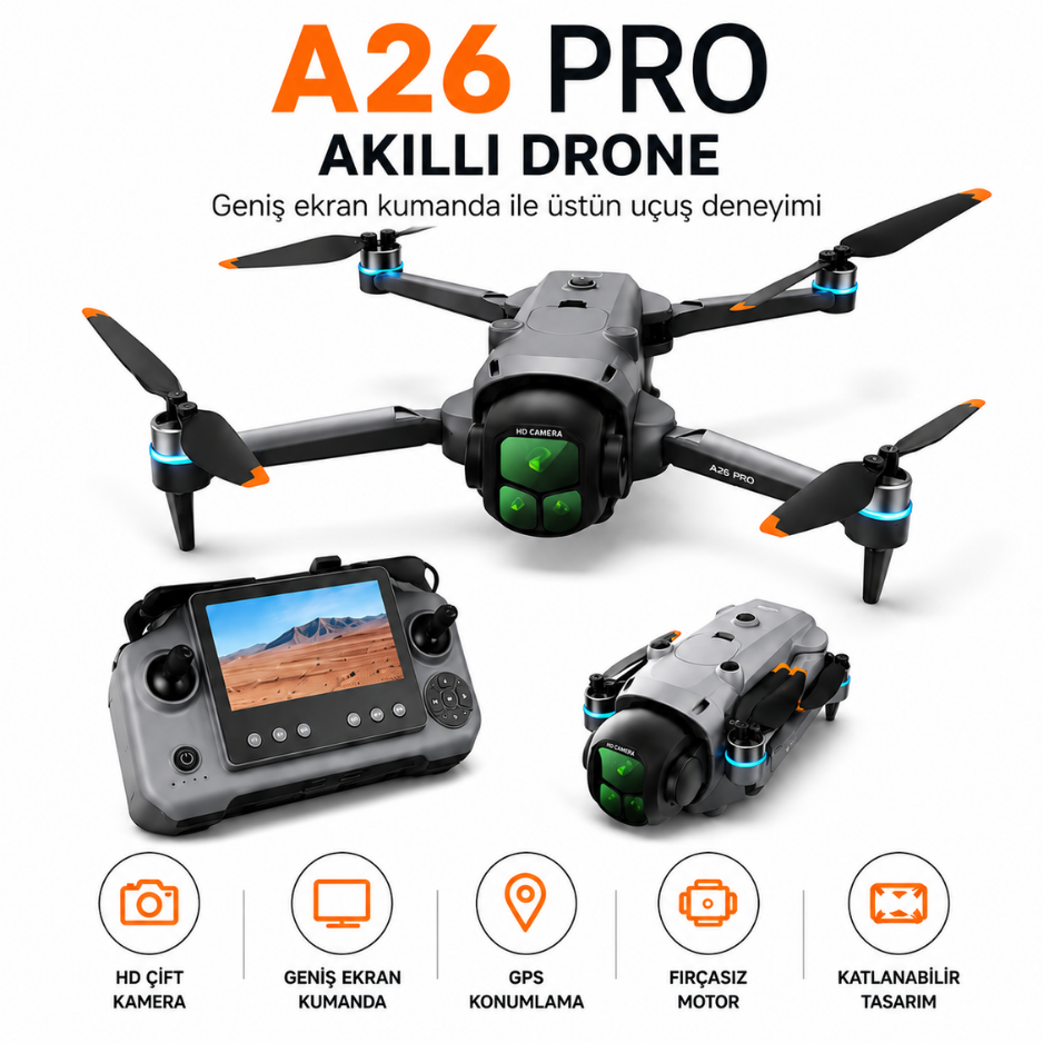 HD Kameralı Ekranlı Kumandalı Katlanabilir Drone A26 Pro