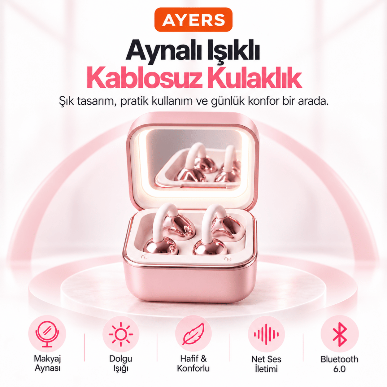 Kulak Kancalı Kablosuz Kulaklık ve Aynalı Şarj Kutusu